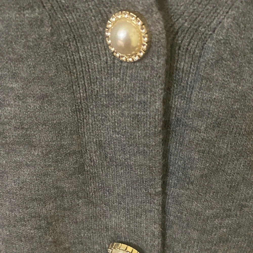 Christina Gray Ruffle Shoulder Cardigan Sweater Gold Pearl Buttons Size S/M